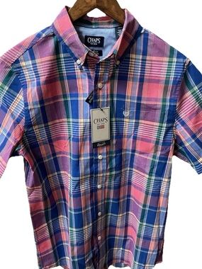 Chaps Men’s Short-Sleeve Plaid Button-Down Shirt - Pink, Blue & Green